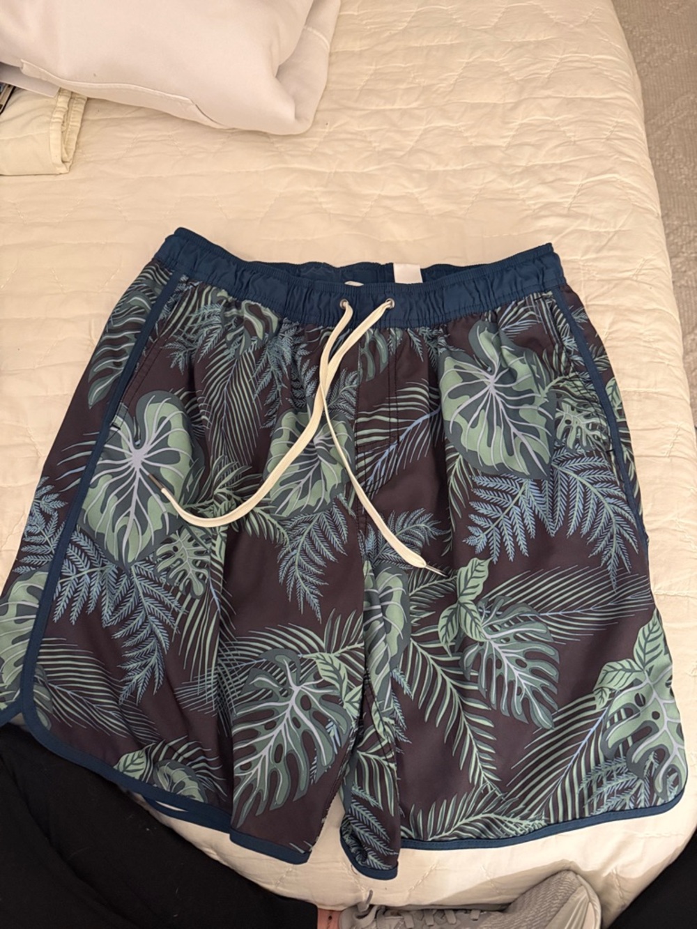 Fair Harbor Men's Navy Swim Shorts with Green Tropical Print